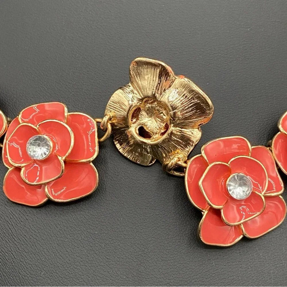 Coral Floral Enamel Rose  Collar Necklace - Picture 6 of 10